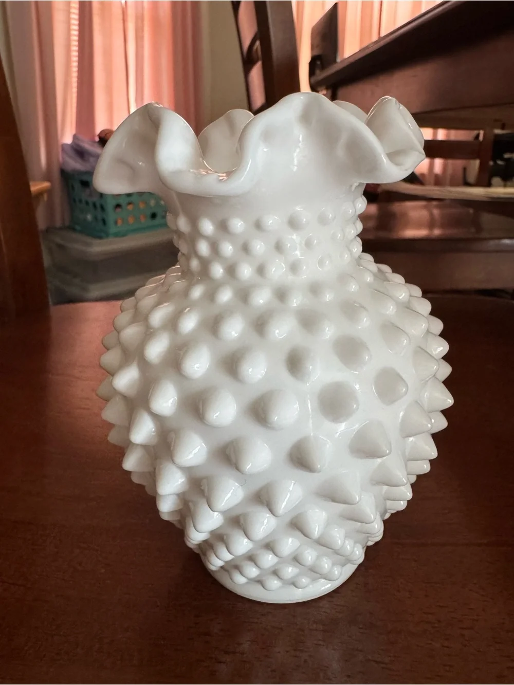 Fenton Hobnail Glass Vase White Milk Glass Ruffled Edge 5” Tall